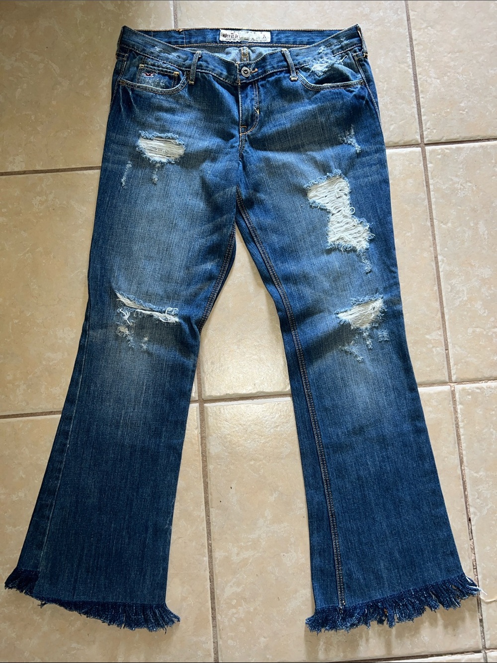 Hollister Cali Flare Distressed Dark Blue Frayed Jeans